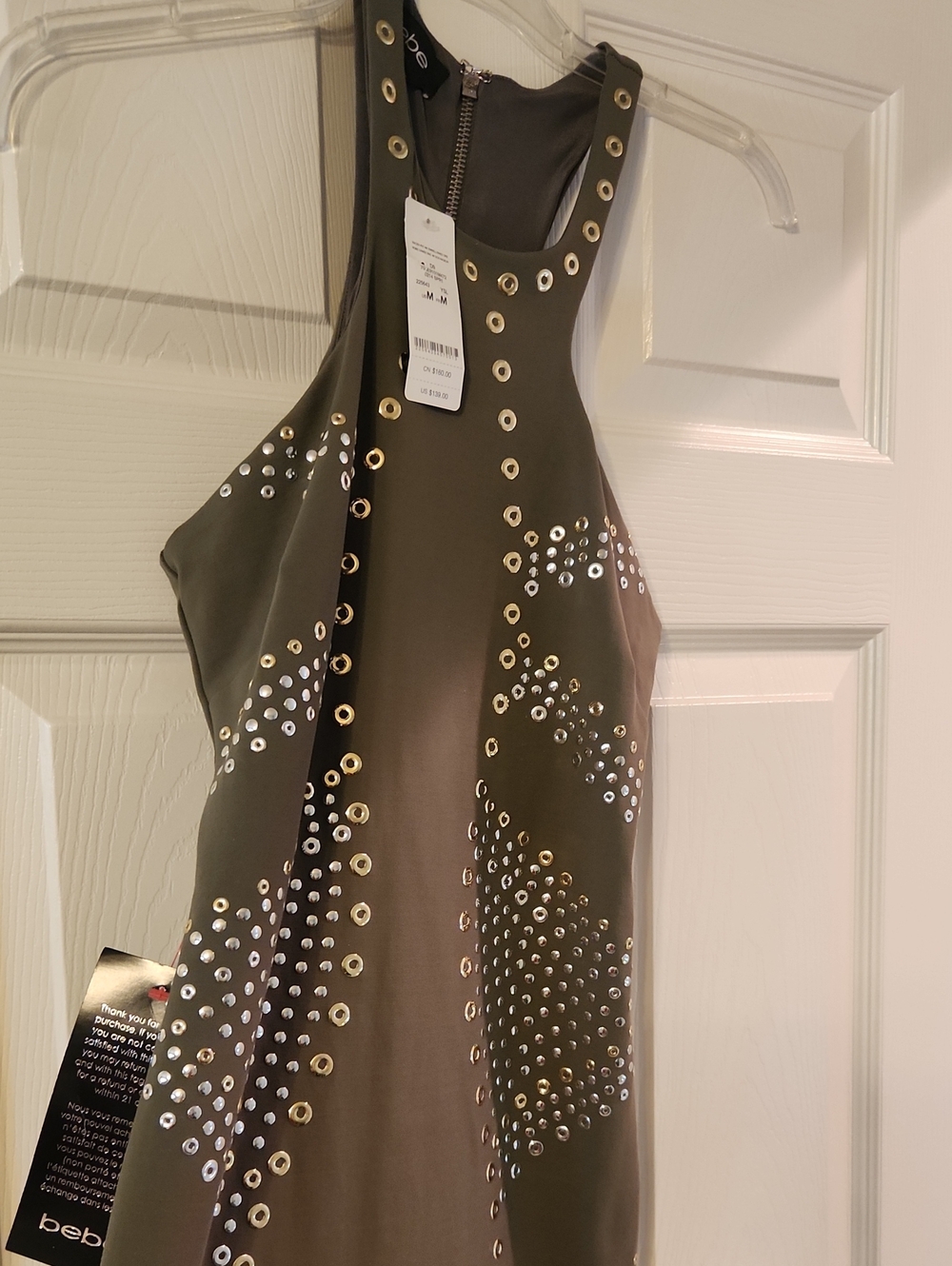 bebe Olive Green One-Shoulder Eyelet & Stud Dress